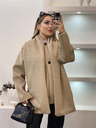 Bej Renk Şal Detaylı Kaşe Ceket