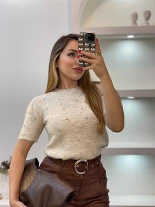 Bej Renk Taş Detay Triko Kazak