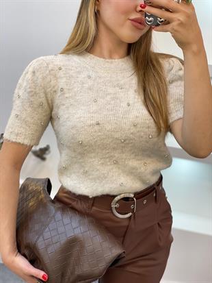 Bej Renk Taş Detay Triko Kazak