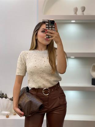 Bej Renk Taş Detay Triko Kazak