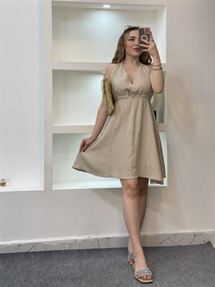 Bej Sırt Dekolteli Önü Nakışlı Model Müslin Elbise