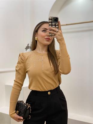 Bej Taş Detaylı  Önü Mini Pencereli Triko Bluz