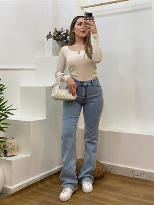 Bej V Model Fitilli Basic Bluz