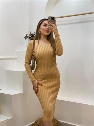 Bej V Yaka Bilek Gold Düğmeli Triko Elbise