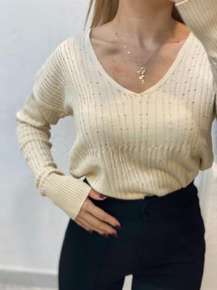 Bej V Yaka Delikli Model Triko