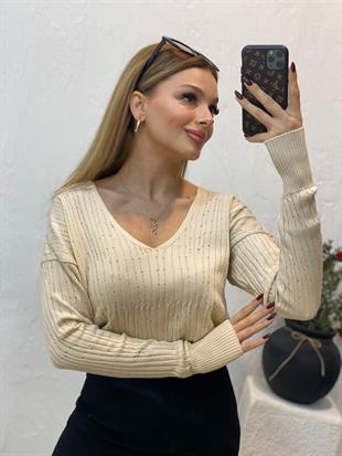 Bej V Yaka Delikli Model Triko