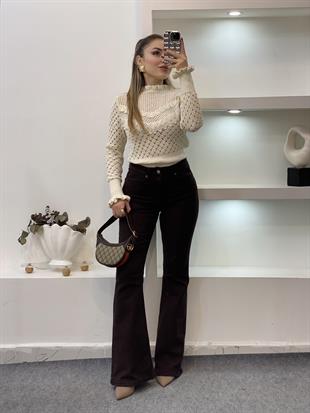 Bej Volanlı Güpürlü Model Triko