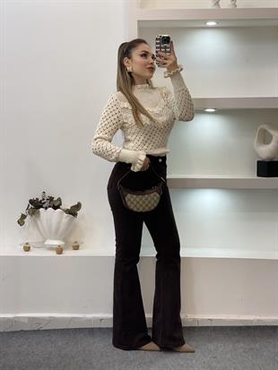 Bej Volanlı Güpürlü Model Triko