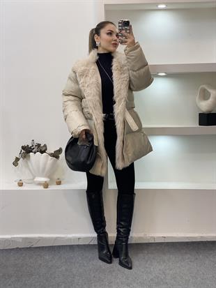 Bej Yakası Kürklü Kemerli Model Şişme Mont