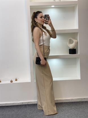 Bej Yüksek Bel Premium Cırtlı  Palazzo Pantolon 