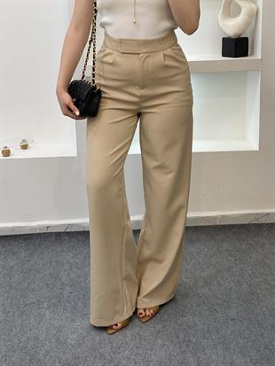 Bej Yüksek Bel Premium Cırtlı  Palazzo Pantolon 