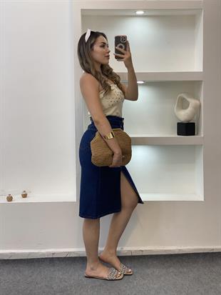 Bej Zımbalı Straplez Triko Bluz