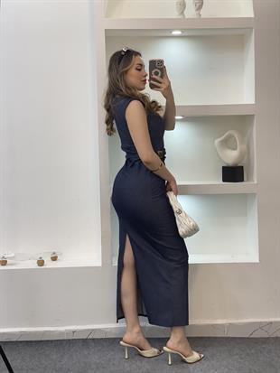 Beli Gold Tokalı Model Likralı Jean Elbise