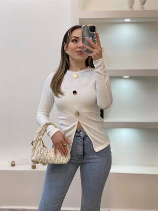 Beyaz Aksesuarlı Model Ottoman Kumaş Bluz