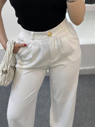 Beyaz Arka Bel Lastikli Yüksek Bel Palazzo Pantolon 