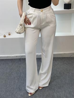 Beyaz Arka Bel Lastikli Yüksek Bel Palazzo Pantolon 