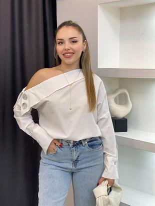 Beyaz Asimetrik Yaka Gömlek 