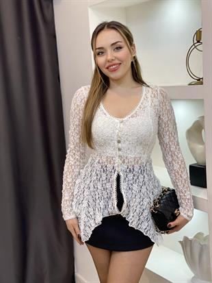Beyaz Bel Oturtmalı Model Volanlı Dantel Bluz