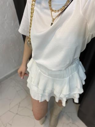 Beyaz Beli Lastikli Volanlı Model Etek
