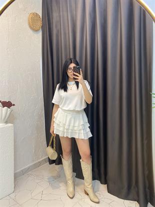 Beyaz Beli Lastikli Volanlı Model Etek