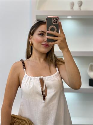 Beyaz Boncuk Askılı Keten Elbise 