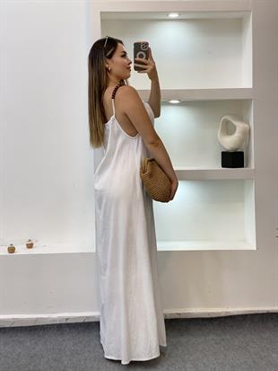 Beyaz Boncuk Askılı Keten Elbise 