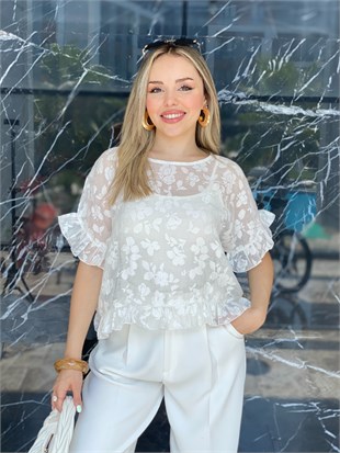 Beyaz Çiçek Desen Kolları Volanlı Bluz