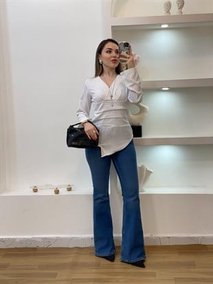 Beyaz Çizgili Asimetrik Kesim Bluz 