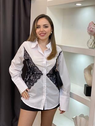 Beyaz Dantel Detay Arkası Bağlamalı Gömlek 