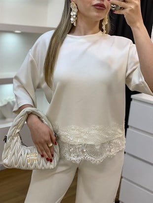 Beyaz Dantel Detaylı Modal Takım