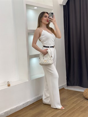 Beyaz Dantel Yaka Ayarlanabilir Askılı Triko Bluz