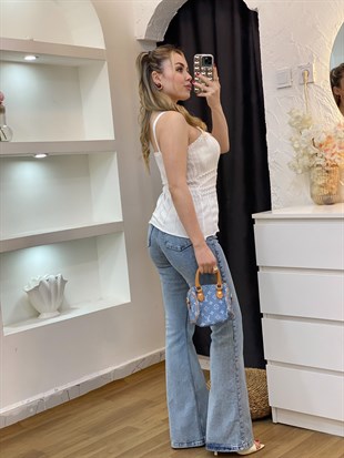 Beyaz Desenli Askılı Triko Bluz