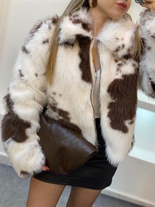 Beyaz Desenli Premium Fermuarlı Kürk