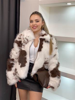 Beyaz Desenli Premium Fermuarlı Kürk