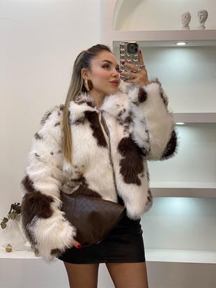 Beyaz Desenli Premium Fermuarlı Kürk