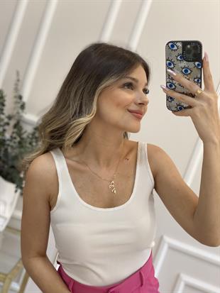 Beyaz Dikişli Askılı Uzun Crop