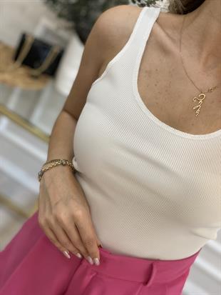 Beyaz Dikişli Askılı Uzun Crop