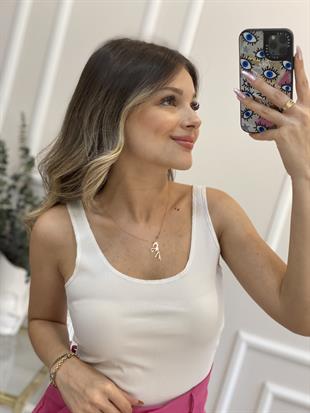 Beyaz Dikişli Askılı Uzun Crop