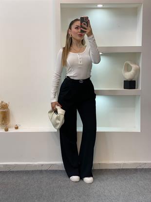 Beyaz Düğmeli Fitilli Basic Bluz