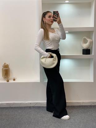 Beyaz Düğmeli Fitilli Basic Bluz