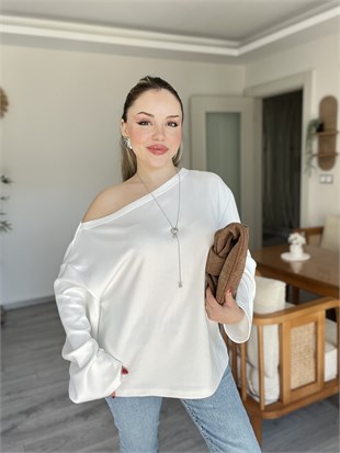 Beyaz Düşük Omuz Oversize Modal Bluz