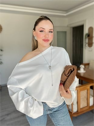 Beyaz Düşük Omuz Oversize Modal Bluz