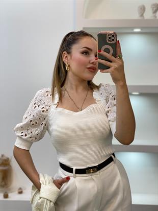 Beyaz Fisto Kollu Triko Bluz
