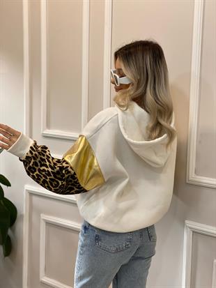 Beyaz Gold Baskılı Leo Desenli Şardonlu Sweatshirt 
