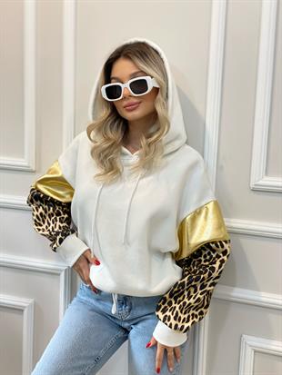 Beyaz Gold Baskılı Leo Desenli Şardonlu Sweatshirt 