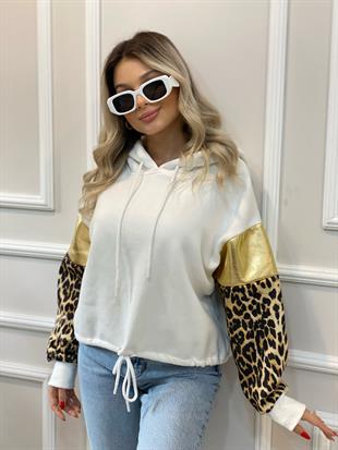 Beyaz Gold Baskılı Leo Desenli Şardonlu Sweatshirt 