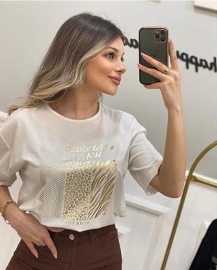 Beyaz Gold Baskılı Tshirt 