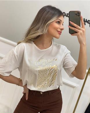 Beyaz Gold Baskılı Tshirt 