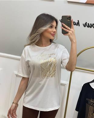 Beyaz Gold Baskılı Tshirt 
