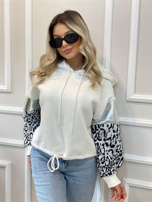 Beyaz Gümüş Baskılı Leo Desenli Şardonlu Sweatshirt 